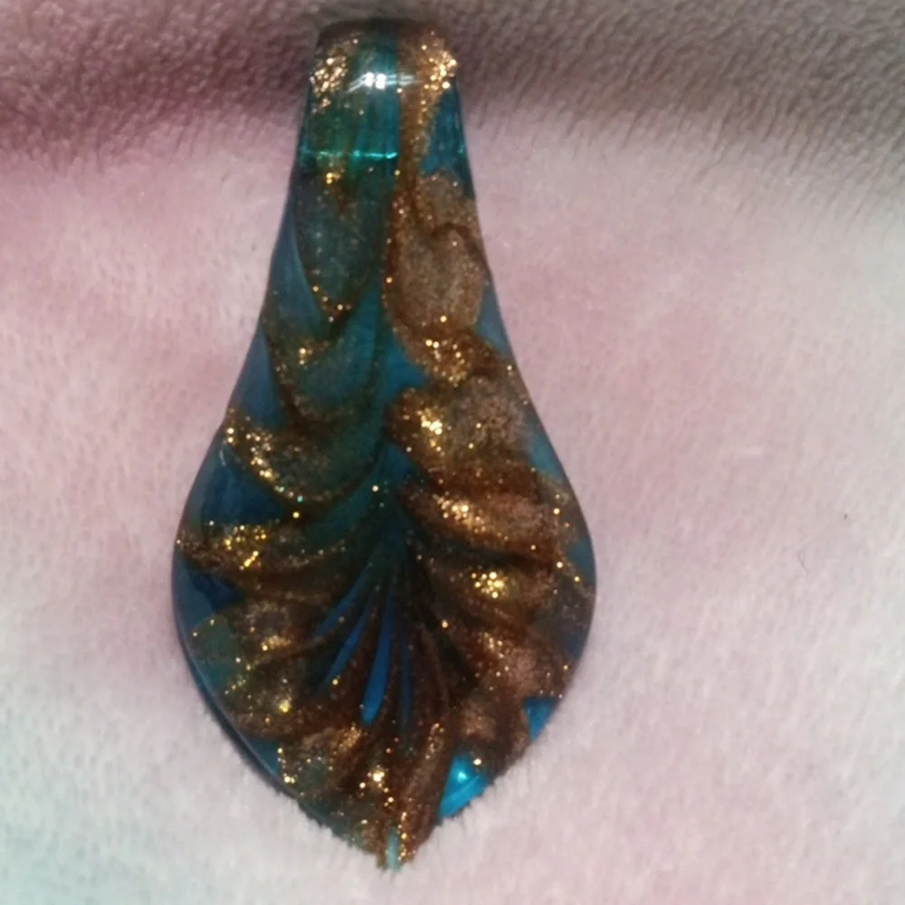 Turquoise and Gold Colored Swirls With Sparkles Glass Drop Pendant - Picture 2 of 5